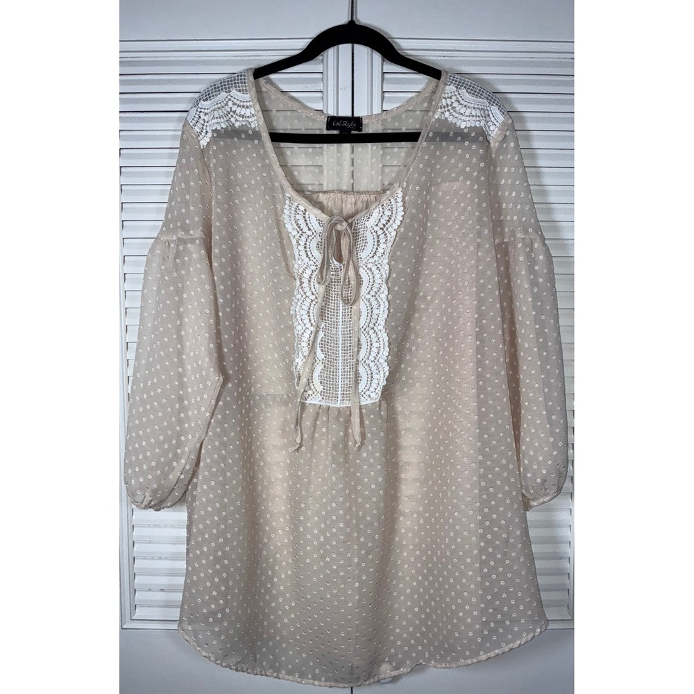 Cal Style 2XL Beige Swiss Dot Lace Sheer Blouse Coquette Cottagecore USA STAIN